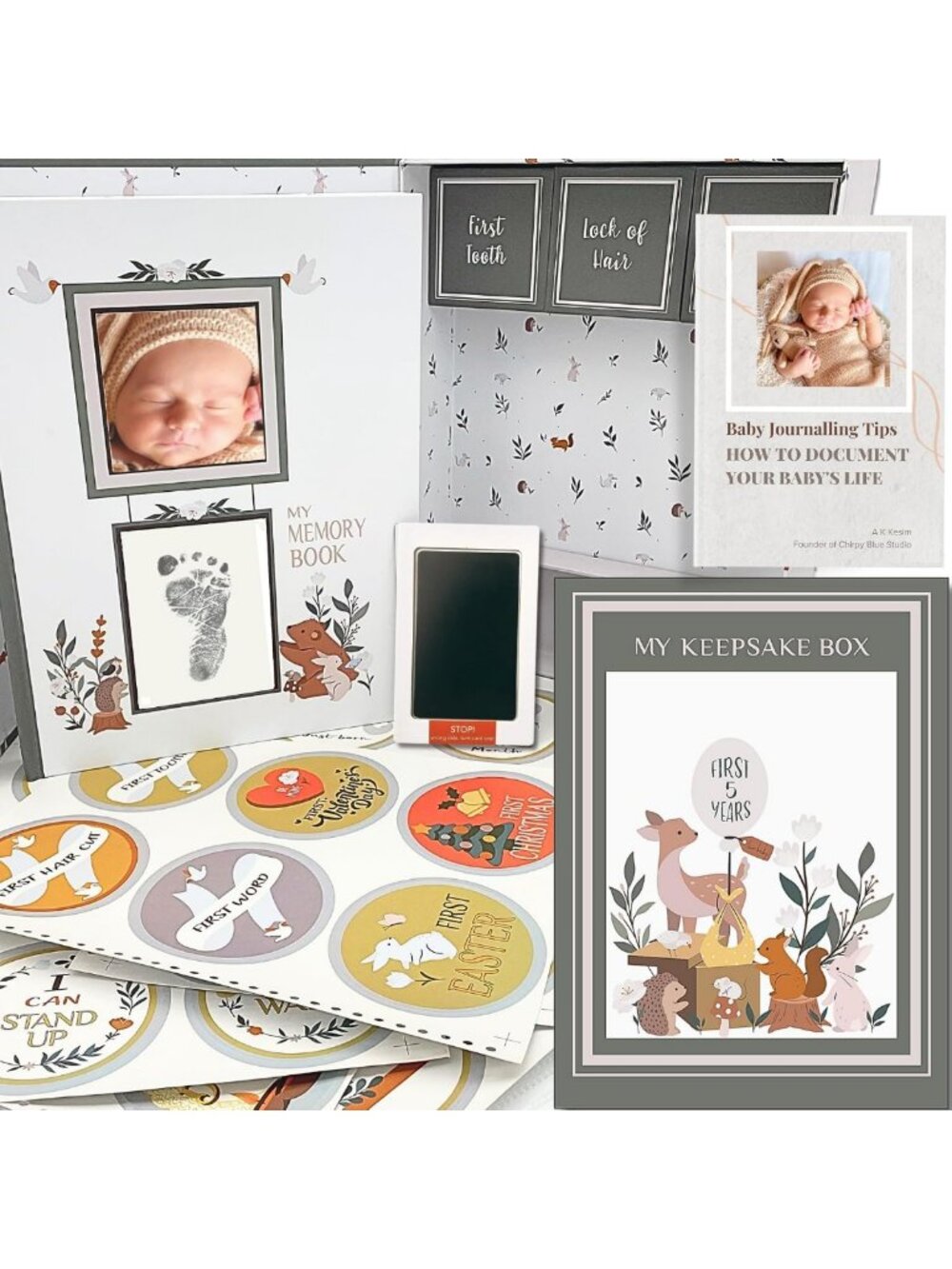 Gender Neutral Baby Memory Book & Keepsake Box with Milestone Stickers - First